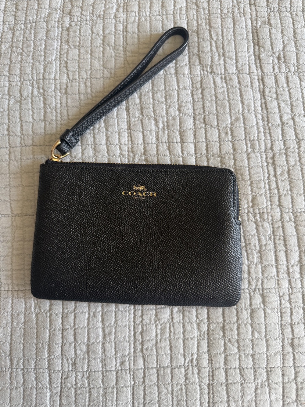 Coach Black Pebbled Leather Wristlet with Gold Logo